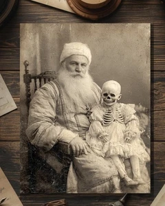 Vintage Victorian Santa with Skeleton Girl Christmas Card Gothic Holiday Art - Bild 1 von 4