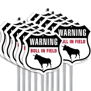 Warning Bull In Field Shield Shaped Sign With Stake Crafted in the USA - Picture 1 of 14