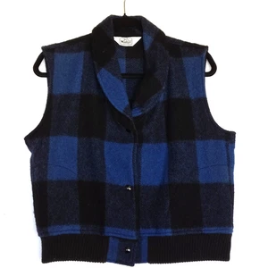 Vintage WOOLRICH Woman Blue Vest Large Buffalo Plaid Pockets - Picture 1 of 6