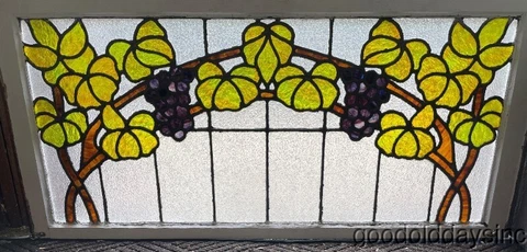 Antique Stained Leaded Glass Grape Vine Transom Window Circa 1910 40" x 16" Cover