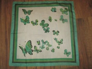 MOD Vintage GROOVY GREEN BUTTERFLIES On WHITE Nylon SCARF - 1960's - Picture 1 of 3