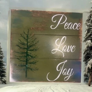 Hand Painted Wooden Plaque Green Peace Love Joy Rustic Tree Christmas Farmhouse - Picture 1 of 1