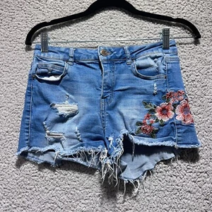 Wax Jean Cutoff Shorts 26 Distressed Floral Embroidered Denim Y2K Style - Picture 1 of 7