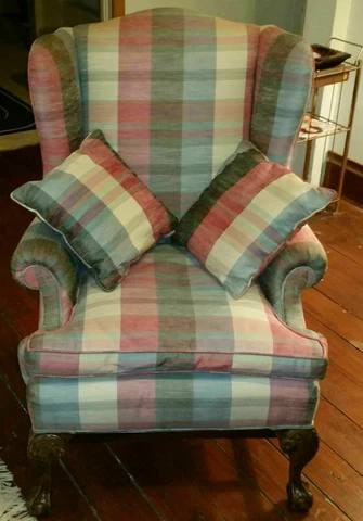 Vintage Multi Color High Back Lounge Chair w Hand Carved EAGLE Legs NICE Cover