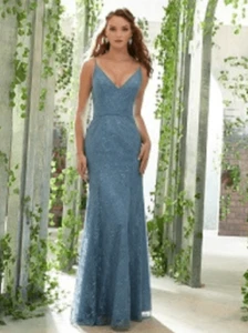 Morilee Chantilly Lace Bridesmaid Dress Deep-V Neckline Slate Blue #21610 Sz 10 - Picture 1 of 5