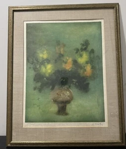 Kaiko Moti Etching Flowers in Vase. Framed & Matted. Signed Limited Edition - Picture 1 of 4