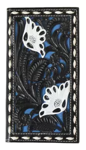 Nocona Western Mens Wallet Rodeo Leather Blue Underlay Floral Black N5414827 - Picture 1 of 1