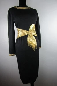 Don Sayres Wellmore Vtg Black Gold Bow Beaded Sequin Sweater Dress - Size 12 - Picture 1 of 12