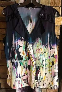 Top blusa seta Elie Tahari floreale senza maniche increspato taglia L nuovo con etichetta Neiman Marcus - Foto 1 di 4