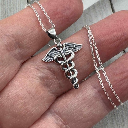 HERMÈS Collana Argento Sterling Caduceo Collana Medico Infermiera Serpente