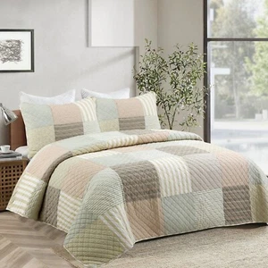 Earth Tone Brown Beige Stripe Checker Patchwork Cotton Reversible Quilt Bed Set - Picture 1 of 6