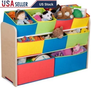 Multi-Bin Toy Books Organizer Storage Unit Kids Room Wooden w/ Fabric Bins - Picture 1 of 8