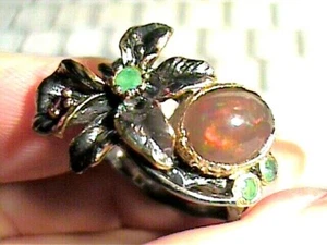 ANILLO ARTESANAL PLATA ESTERLINA 925 ópalo negro 7 arte diseñador cabujón floral WOW - Imagen 1 de 6