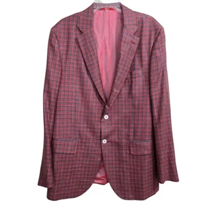 Isaia Slim-Fit red/Gray Plaid Wool-Silk-Linen Sport Coat US 46 EU 56 8L Italy - Picture 1 of 13