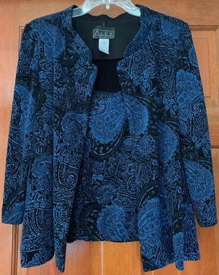 Alex Evenings 蓝色闪光印花双胞胎 2 件套背心夹克大号 3/4 袖 — 第 1/4 张图片