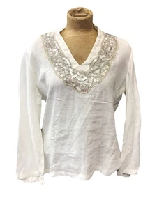 NWT 120% LINO for Saks 5th Avenue Sequin Collar White Linen Tunic Top Size 8/10 - Picture 1 of 4