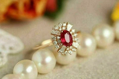 Women Engagement Ring 2Ct Lab-Created Red Ruby Halo 14K Rose Gold FN - Image 1 of 3