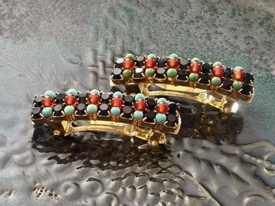 2 Vintage Glass Rhinestone Beaded Barrettes Made in France Turquoise Amber Black - Image 1 of 4