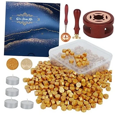Kit de sellos de cera - Juego de 357 piezas con cuentas de cera, sello de sello, calentador, cuchara, dorado Foto 1 de 4