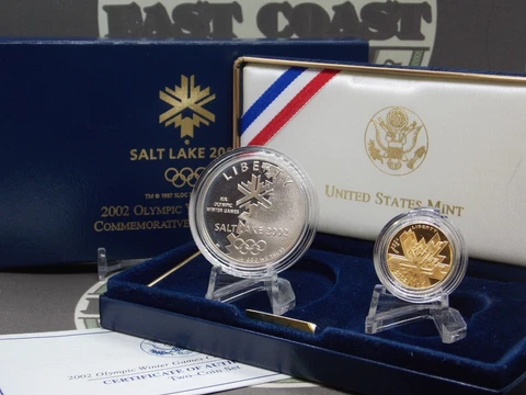 2002 U.S SALT LAKE CITY Olympic Games (2 Coin) Gold & Silver PROOF Set Box & COA Cover