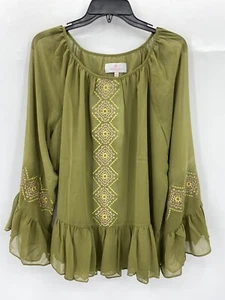 Blusa Laurie de fieltro para mujer mediana verde bordada con volantes boho elegante - Imagen 1 de 5