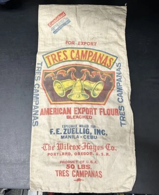 RARO Antiguo Tres Campanas Portland Oregon Bolsa de Harina Saco 50 lb 29"x15" Alimentación Foto 1 de 4