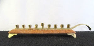 Vintage Judaica 9 Branch Menorah Handmade Inlaid Brass & Wood 12" Long w/Handle - Picture 1 of 8