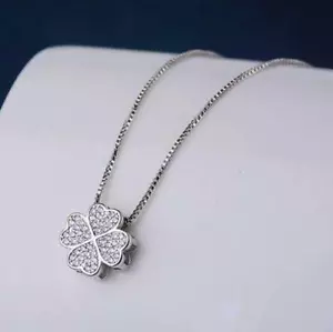 Flower Lucky Clover Pave Cubic Zirconia Silver SP Pendant Necklace - Picture 1 of 2