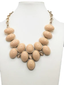 Gold Tone Statement Bib Necklace Nude Beige Cabochons Acrylic - Picture 1 of 12