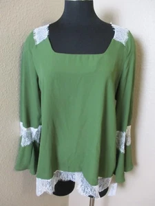NY Collection Damen grüne Bluse Glockenärmel Schnürung Spitzeneinsatz Größe Large L  - Bild 1 von 7