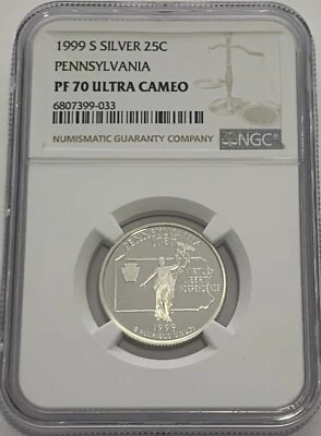 1999 S Proof Silver Pennsylvania Quarter NGC PF70 Ultra Cameo 25Cc - Image 1 of 3