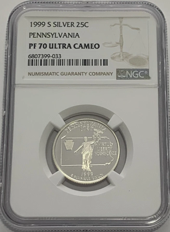 1999 S Proof Silver Pennsylvania Quarter NGC PF70 Ultra Cameo 25Cc - Image 1 of 3