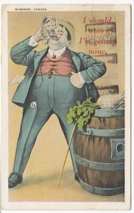 Fat Man Drinks Beer, Keg Turnip, Prohibition Ends in Windsor ON 1928 Postcard - Picture 1 of 2