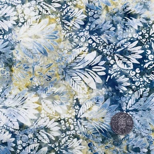 Quilting Fabric Batik Blue Grey Yellow Cream Green Flower Leaves Quilt 1/2 Metre - Picture 1 of 1
