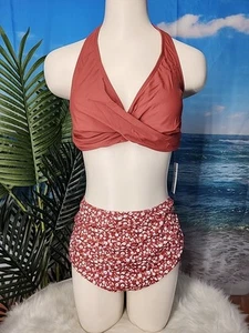 Nwt Cupshe Two Piece Swimsuit Size Large Brown Twist Bikini Top Floral Bottom - Picture 1 of 7