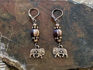 New Tibetan Copper Elephant Charm & Copper Frosted Maroon Czech Bead Earrings - Picture 1 of 9