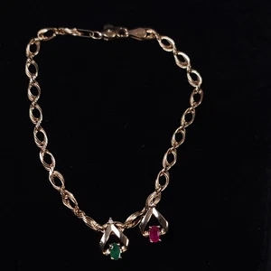 14K Yellow Gold Emerald Ruby Charm Bracelet 7.5" Oval Links - Picture 1 of 12