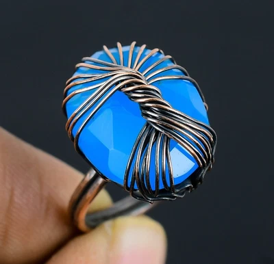 Joyería anillo árbol de la vida hecho a mano envoltura de alambre de cobre con piedras preciosas de calcedonia aguamarina Foto 1 de 4