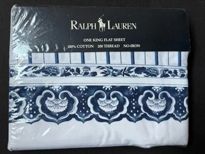 RARE *NEW Ralph Lauren JONQUIL *KING FLAT SHEET Tamarind PORCELAIN Blue White - Picture 1 of 12