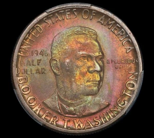 1946 D Booker T Washington Half PCGS MS66 Rainbow Toning Nicely Toned Commem - Picture 1 of 8