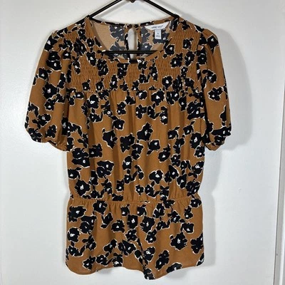 Blusa Nine West Mujer Mediana Dorada/Negro Floral Pullover Cuello Cerradura NUEVA Foto 1 de 4
