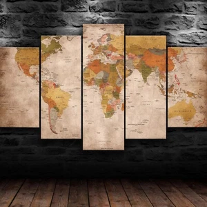Ancient Design World Map 5 Piece Canvas Wall Art Abstract Print Home Decor - Picture 1 of 5