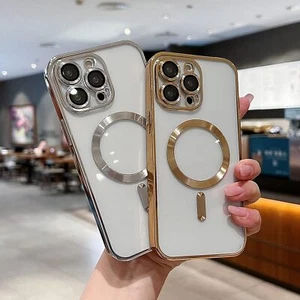 Funda magnética transparente Mag Safe enchapada TPU para iPhone 16 15 Pro Max 14 13 12 - Imagen 1 de 24