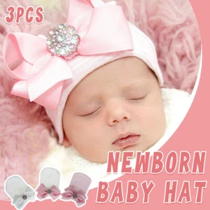 3PC Baby Girl Winter Knit Hat Set Pink Striped Newborn Warm Cap with Glitter Bow - Picture 1 of 12