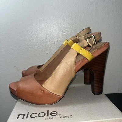 Nicole Tacones Para Mujer 6.5 Cordones Marrón y Rojo Cuero Hebilla Correa Punta abierta Foto 1 de 4