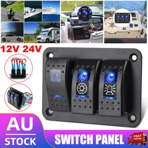 12V 24V 3 Gang Rocker Switch Panel ON-OFF Toggle Dual USB Car Boat Power Socket - Picture 1 of 12