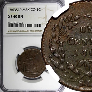 Mexico Copper 1863 SLP 1 Centavo San Luis Potosi NGC XF40 BN SCARCE KM#390.1 (2) - Picture 1 of 5