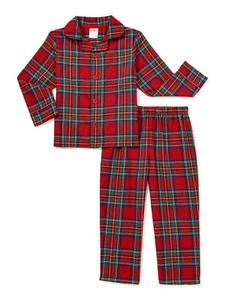 Holiday Time Children's Unisex Matching Family Red Plaid Flannel Pajama 2PC Set - Picture 1 of 3