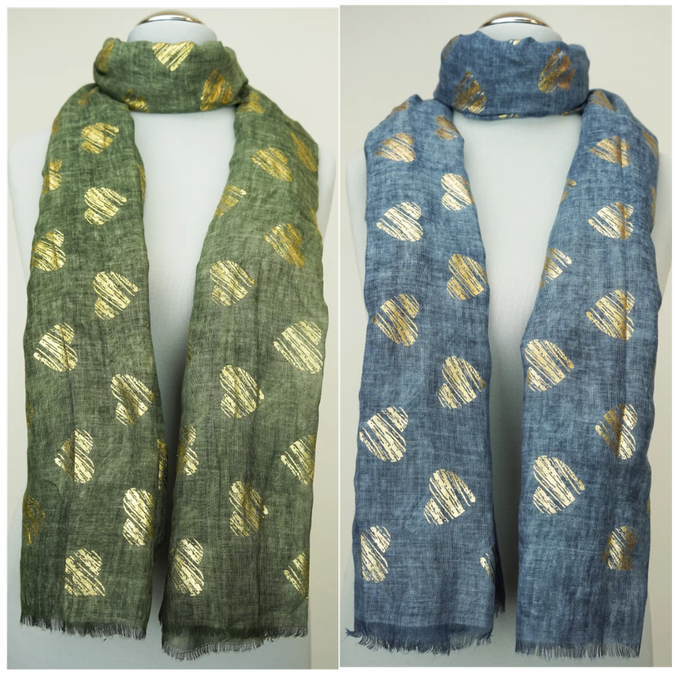 MARKENLOS Damen 20% Baumwolle Viskose Halstuch Kopftuch Stola Tuch Herz Gold Druck 2282SC