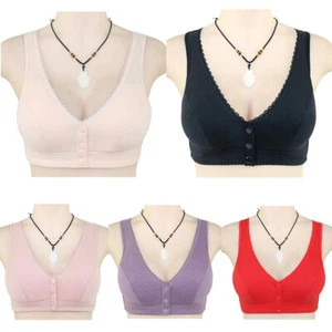 Women's Front Button Underwear Closure Wire-free Brassiere Bras No Paded - Picture 1 of 18